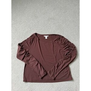 Athleta Athleisure Top Size L Brown Ruched Sleeve Crew Neck Long Sleeve Shirt